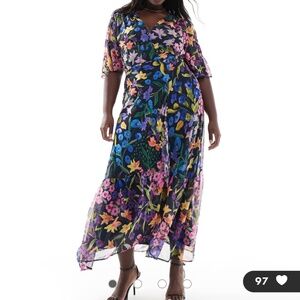 Hope & Ivy Plus flutter sleeve maxi wrap dress with tie waist in purple multi